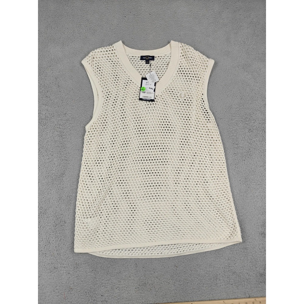 Fred Perry Sweater Vest Mens XL Ecru Lace V Neck Open Knit‎ Crochet K7851 New